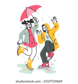 Children playing under the rain. Rainy and cloudy weather in summer or spring. Kids in raincoat walking under umbrella outdoor. Flat vector illustration