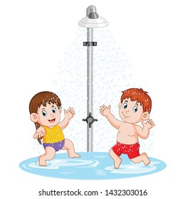 the children are playing under the shower