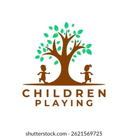 Children Playing under Tree logo design vector. Kids Playground logo design icon
