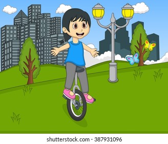 Children playing unicycle at the park cartoon vector illustration