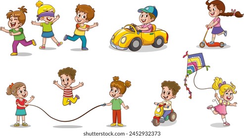 Kinder spielen Vektorillustration Set. Cartoon glückliche Jungen und Mädchen Charaktere spielen verschiedene lustige Spiele zusammen Vektorillustration