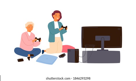 Children playing video game with joysticks at home. Boy and girl gamers spend time together. Teen sister and brother players with gamepads. Flat vector cartoon isolated illustration on white