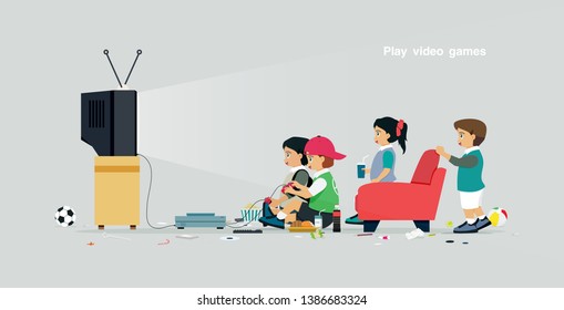 Children are playing video games with a gray background.