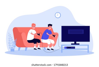 Children playing videogames. Two teenage boys sitting on sofa at TV and using gamepads. Vector illustration for technology, childhood, gamers concept