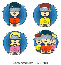 Children playing in the virtual reality. Flat cartoon vector illustrations