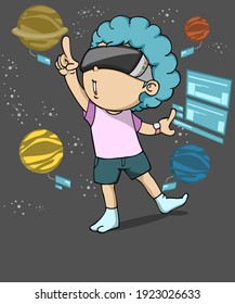Children playing virtual reality. Virtual reality technology. Children funny playing games VR headset. Vector illustration