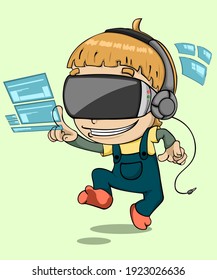 Children playing virtual reality. Virtual reality technology. Children funny playing games VR headset. Vector illustration