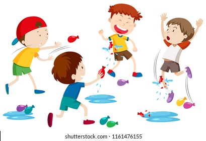 Children Playing Water Balloon Fight Illustration