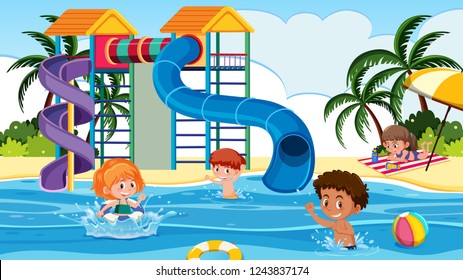 Children playing at water park illustration