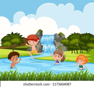 Children playing at waterfall illustration