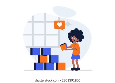 Children playing web concept with character scene. Cute little girl builds cubes and plays with toys at home. People situation in flat design. Vector illustration for social media marketing material.