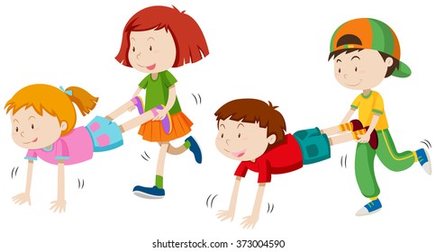 Children playing wheel barrow illustration