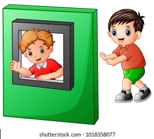 Children playing with window toys