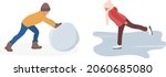 Children playing winter fun on vacation, flat cartoon vector illustration. A boy rolls a snowball for a snowman, a girl skates on a skating rink.