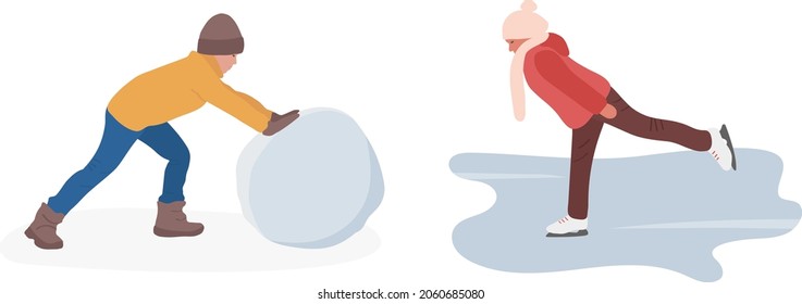 Niños jugando diversión de invierno de vacaciones, dibujos animados planos ilustrando el vector. Un niño rueda una bola de nieve para un hombre de nieve, una chica patina en una pista de patinaje.