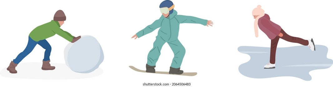 Children playing winter fun on vacation, flat vector cartoon drawings. A boy rolls a snowball for a snowman, a girl is skating on a skating rink, a guy is snowboarding, winter sports.