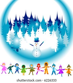 children playing in a winter landscape; Christmas illustration