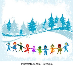 children playing in a winter landscape; Christmas illustration