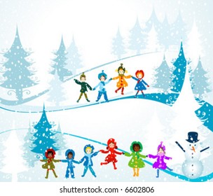 children playing in a winter landscape; Christmas illustration