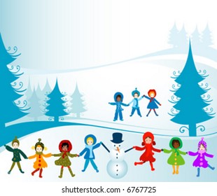 children playing in a winter landscape; Christmas illustration