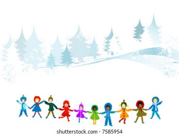 children playing in a winter landscape; Christmas illustration