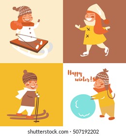 Children playing  winter. Skis, skates, snowman, sculpt, ski. Vector illustration. Cartoon character. Isolated. Flat