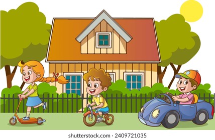 Children Playing in the Yard of Their House Cartoon Style Vector Illustration