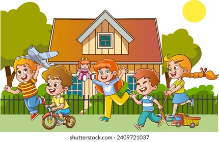 Children Playing in the Yard of Their House Cartoon Style Vector Illustration