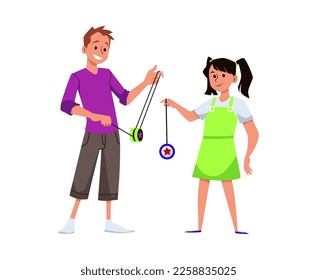 Children playing yoyo string toy, flat cartoon vector illustration isolated on white background. Leisure hand games and toys for children recreation.