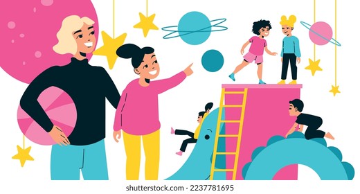 Kinderspielzimmer mit Kinderzusammensetzung doodle menschliche Charaktere und Leitern mit hängenden Sternen und Planeten, Vektorgrafik