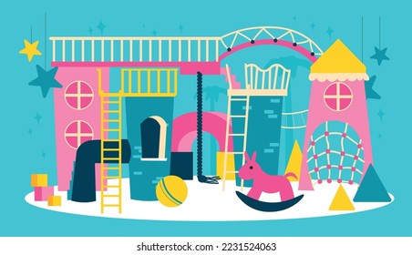 Children playroom composition with front view of childrens playground with castle ladders balls and colorful toys vector illustration