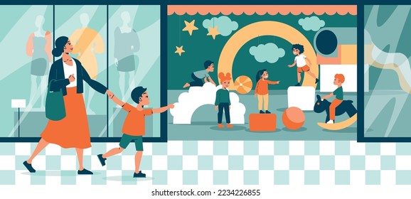 Children playroom composition with outdoor view of shopping mall entrance with walking mother and running child vector illustration