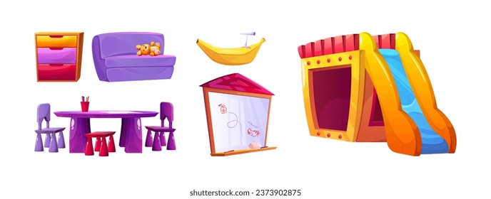 Elementos de diseño de la sala de juegos para niños aislados en un fondo blanco. Dibujo vectorial de una casa de madera con tobogán, mesa y sillas para los niños, cajón colorido, juego escolar infantil y área de diversión