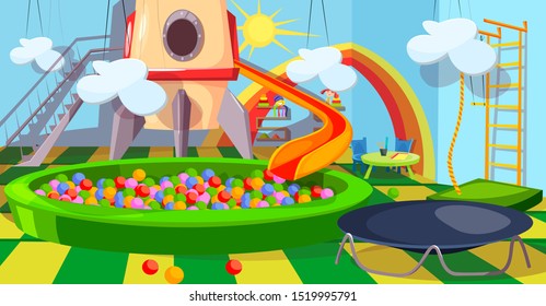 Children playroom flat vector illustration. Kids playground, day care center interior. Ball pool, slide and trampoline.