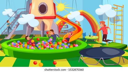 Children playroom flat vector illustration. Cheerful little friends, boys and girls cartoon characters. Kids playground, day care center interior. Ball pool, slide and trampoline. Happy childhood