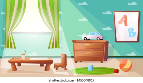 Children playroom with games, toys, abc and nightstand.  Elementary school class with table for studying kids. Wallpaper with cloud illustration.