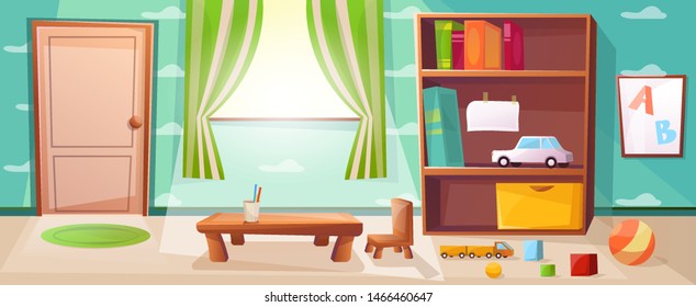 Children playroom with games, toys, abc ,door, window and big wardrobe.  Elementary school class with table for studying to kids. Wallpaper with cloud illustration.