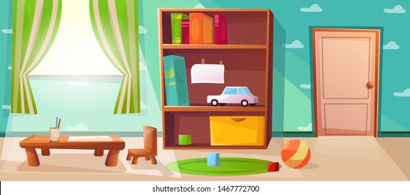 Children playroom with games, toys, abc ,door, window and big wardrobe.  Elementary school class with table for studying to kids. Wallpaper with cloud illustration.