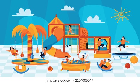 Children playroom interior colorful background with funny kids playing in pool with plastic balls and riding on carousels flat vector illustration