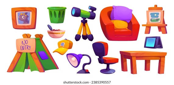 Children playroom interior furniture and toys for kids education and play activity. Cartoon set of preschool child study and game equipment - telescope and tent, table and chairs, chalkboard and lamp.