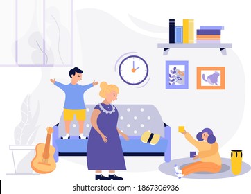 Children playroom, kids with teacher in kindergarten.Children nursery, woman reading book to kids. People cartoon characters.Vector illustration.