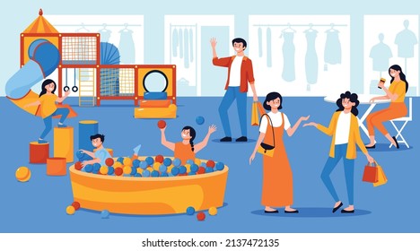 Children playroom in mall flat background with parents kids and staff characters vector illustration