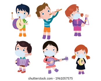 Children plays various music cartoon 2d vector concept for banner, website, illustration, landing page, flyer, etc.