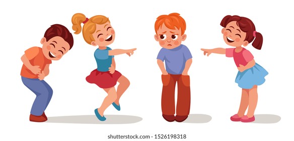 Children to point with a finger, laugh at a red-haired boy who is upset and offended.