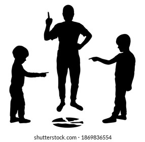 Children Point Fingers At Each Other. Children Lie To Their Parents. Broken Plate. Angry Parent Showing Thumb. Silhouette Vector