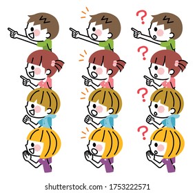 Children pointing sideways and pointing their fingers.