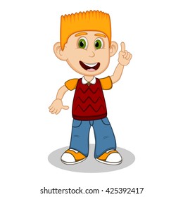 Children pointing and wearing red short sleeve sweater and blue trousers  cartoon vector illustration