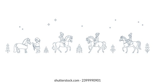 Niños y ponis, vacaciones de invierno, contorno lineal para página de color