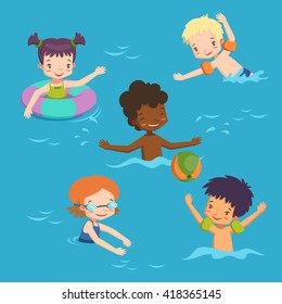 children in pool. vector illustration with swimming children