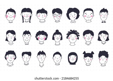 Children portraits, hand drawn cute style. Children of various nationalities, religion, race and appearance.